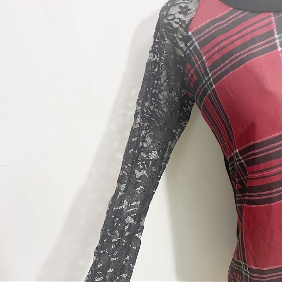 4/$25. RUE21 plaid chiffon semi sheer front lace sleeve solid back top. Medium. - Picture 3 of 9